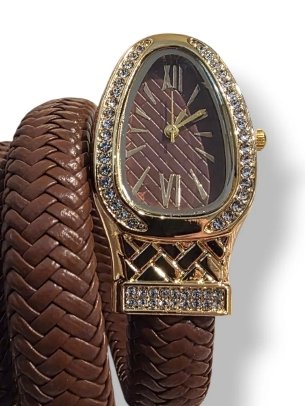 New! Serpent Wrap Watch • Brown Braided Leather Coil • Gold Crystal Bezel •NWOT